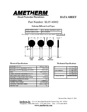 SL0540002 Datasheet PDF AMETHERM Circuit Protection Thermistors