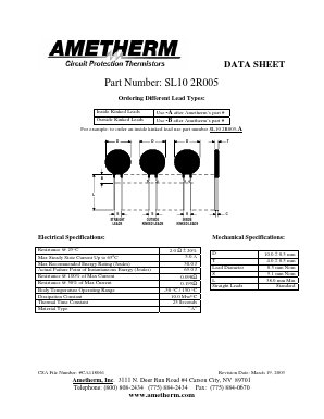 SL102R005 Datasheet PDF AMETHERM Circuit Protection Thermistors
