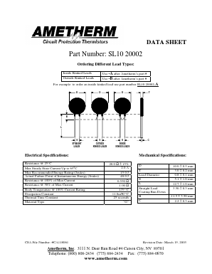 SL1020002-A Datasheet PDF AMETHERM Circuit Protection Thermistors