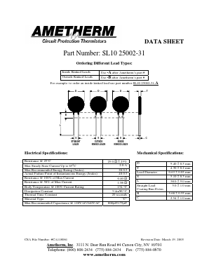 SL1025002-31 Datasheet PDF AMETHERM Circuit Protection Thermistors