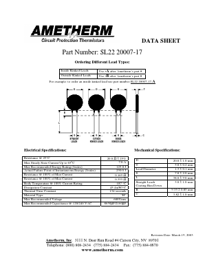 SL2220007-17 Datasheet PDF AMETHERM Circuit Protection Thermistors