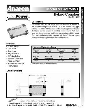 S03A2750N1 Datasheet PDF Anaren Microwave