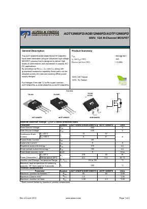 AOTF12N60FD Datasheet PDF Alpha and Omega Semiconductor