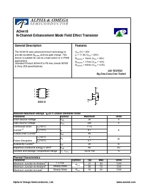 AO4418 Datasheet PDF Alpha and Omega Semiconductor