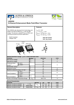 AOD454 Datasheet PDF Alpha and Omega Semiconductor