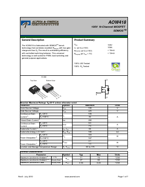 AOW418 Datasheet PDF Alpha and Omega Semiconductor