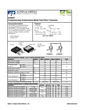 AOD607 Datasheet PDF Alpha and Omega Semiconductor