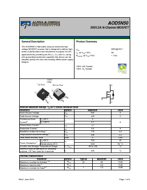 AOD5N50 Datasheet PDF Alpha and Omega Semiconductor