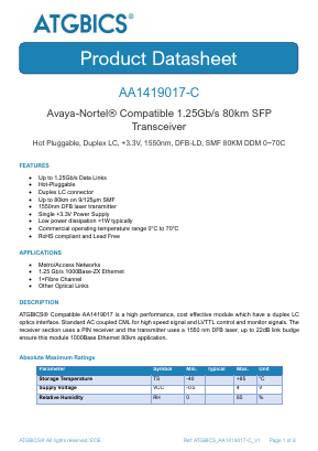 AA1419017-C Datasheet PDF ATGBICS by Approved Technology