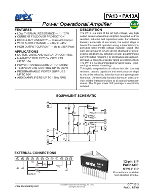 PA13A Datasheet PDF Apex Microtechnology