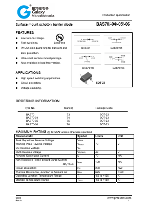 BAS70 Datasheet PDF Galaxy Semi-Conductor