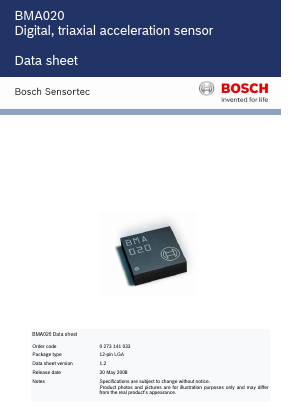 BMA020 Datasheet PDF Bosch Sensortec GmbH