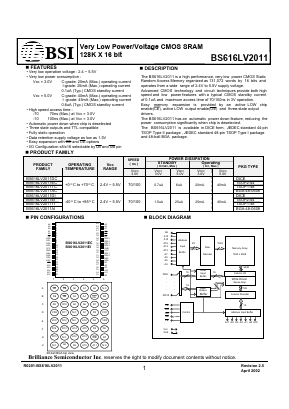 BS616LV2011EI-70 Datasheet PDF Brilliance Semiconductor