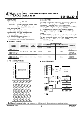 BS616LV2013TI-70 Datasheet PDF Brilliance Semiconductor