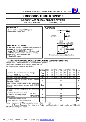 KBPC8005 Datasheet PDF CHONGQING PINGYANG ELECTRONICS CO.,LTD