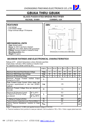 GBU6B Datasheet PDF CHONGQING PINGYANG ELECTRONICS CO.,LTD