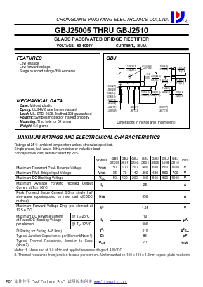 GBJ2508 Datasheet PDF CHONGQING PINGYANG ELECTRONICS CO.,LTD
