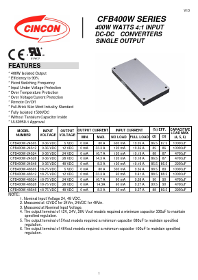 CFB400W-48S24 Datasheet PDF CINCON ELECTRONICS Corporation