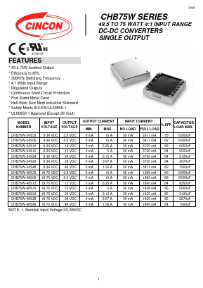 CHB75W-24S05 Datasheet PDF CINCON ELECTRONICS Corporation