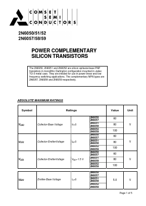 2N6058 Datasheet PDF Comset Semiconductors