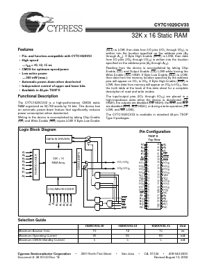 CY7C1020CV33 Datasheet PDF Cypress Semiconductor