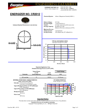 CR2012 Datasheet PDF Energizer