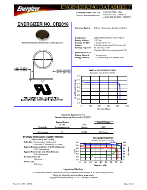 CR2016 Datasheet PDF Energizer