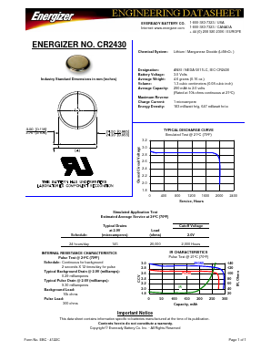 CR2430 Datasheet PDF Energizer
