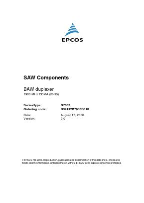 B39192B7633D810 Datasheet PDF EPCOS AG