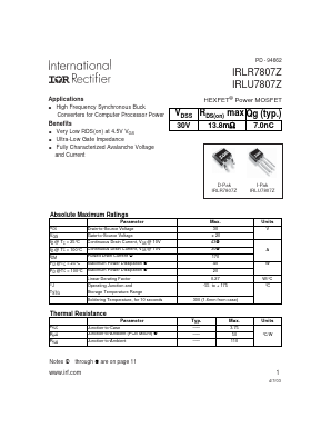 IRLR7807Z Datasheet PDF International Rectifier