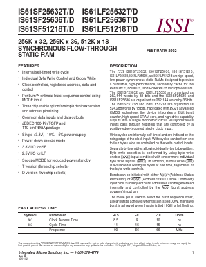 IS61LF51218T-9TQI Datasheet PDF Integrated Silicon Solution