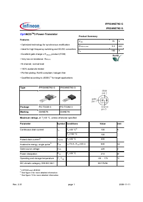 IPI034NE7N3G Datasheet PDF Infineon Technologies