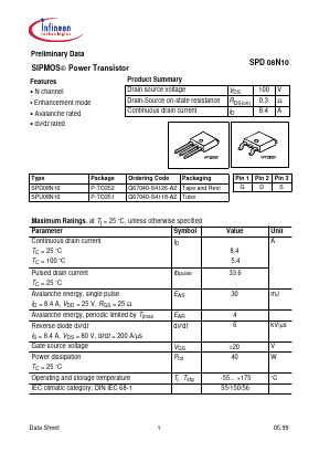 SPU08N10 Datasheet PDF Infineon Technologies