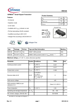 BSS126H6906 Datasheet PDF Infineon Technologies