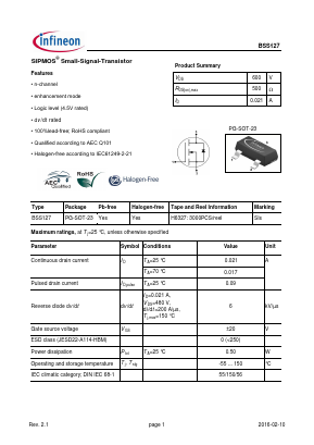 BSS127 Datasheet PDF Infineon Technologies