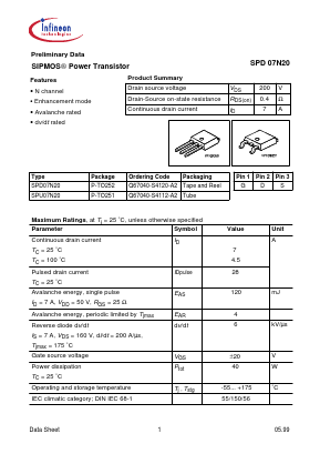 SPU07N20 Datasheet PDF Infineon Technologies