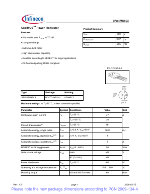 SPW47N65C3 Datasheet PDF Infineon Technologies