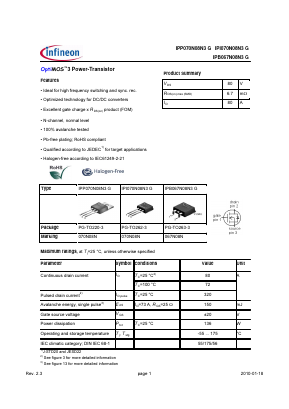 IPP070N08N3G Datasheet PDF Infineon Technologies