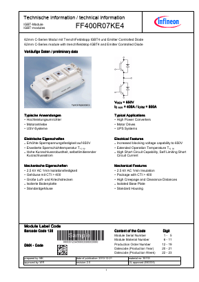 FF400R07KE4 Datasheet PDF Infineon Technologies