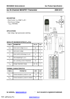 2SK1011 Datasheet PDF Inchange Semiconductor