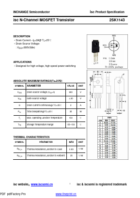 2SK1143 Datasheet PDF Inchange Semiconductor