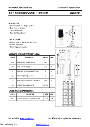 K1834 Datasheet PDF Inchange Semiconductor