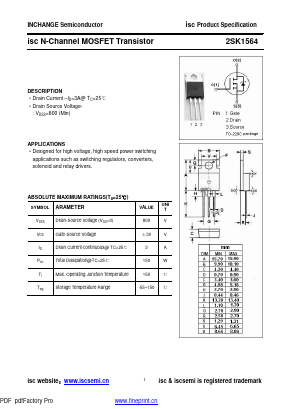 2SK1564 Datasheet PDF Inchange Semiconductor