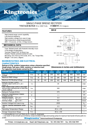 BR2510W Datasheet PDF Kingtronics International Company