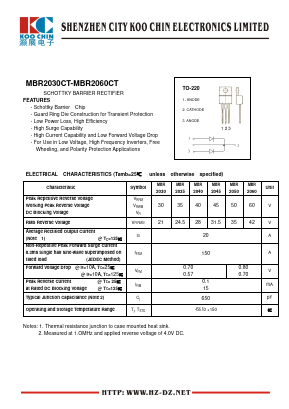 MBR2050CT Datasheet PDF SHENZHEN KOO CHIN ELECTRONICS CO., LTD.
