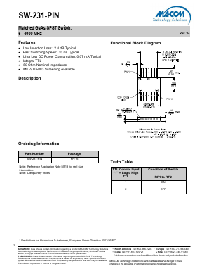 SW-231-PIN-V4 Datasheet PDF M/A-COM Technology Solutions, Inc.