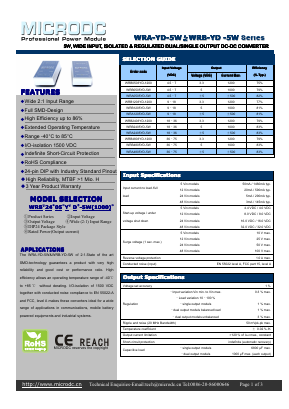 WRA0505YD-5W Datasheet PDF Microdc power Technology Co., Ltd