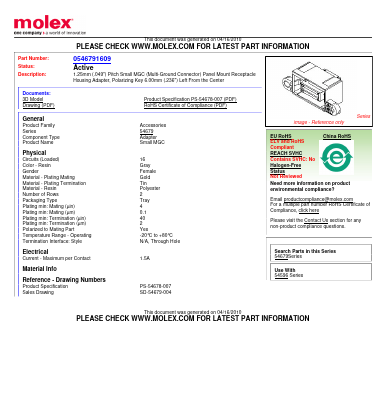 0546791609 Datasheet PDF Molex Connectors