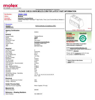 39880-1006 Datasheet PDF Molex Connectors