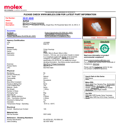 39-01-4040 Datasheet PDF Molex Connectors